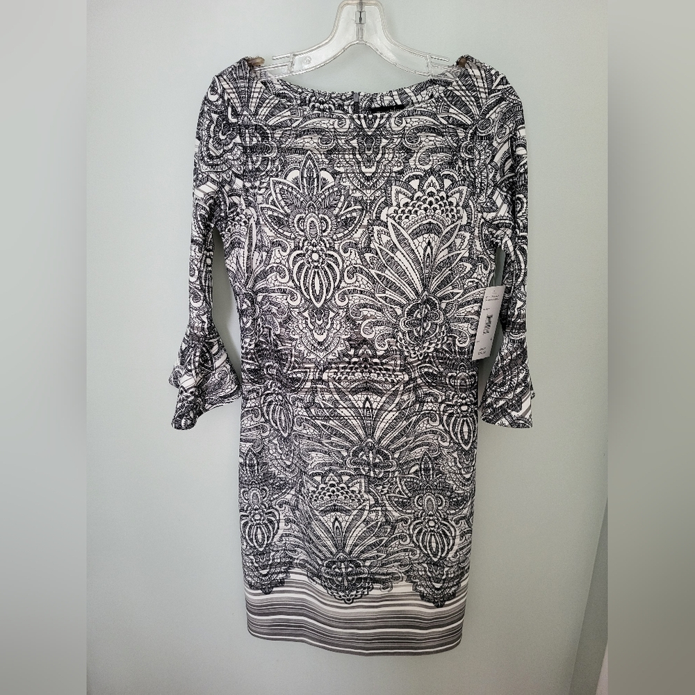 Peach‎ Velvet Flared Sleeve Knee Length Dress Floral Black White New Size 8